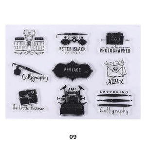 Set of black and white vintage-themed stamps on a white background