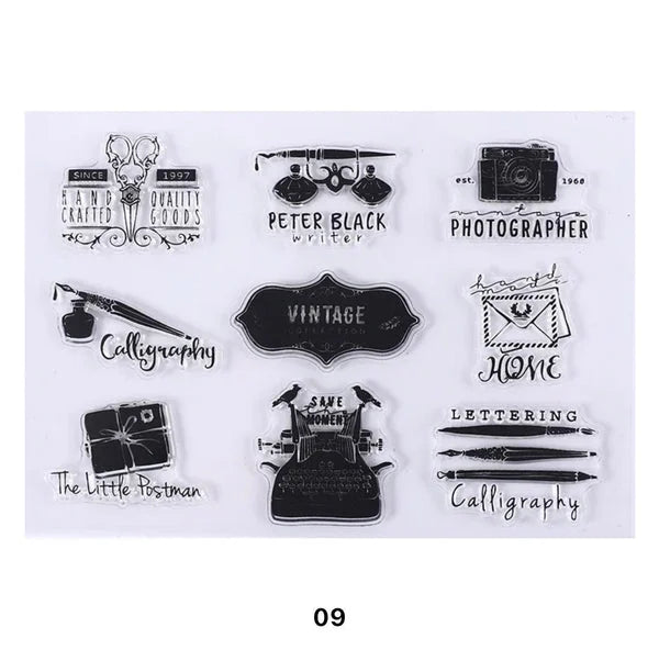 Set of black and white vintage-themed stamps on a white background