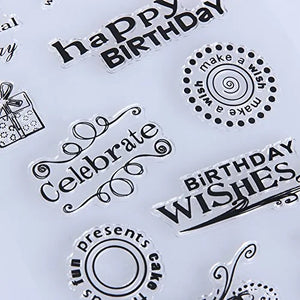 Clear stamps with birthday-themed designs on a white background