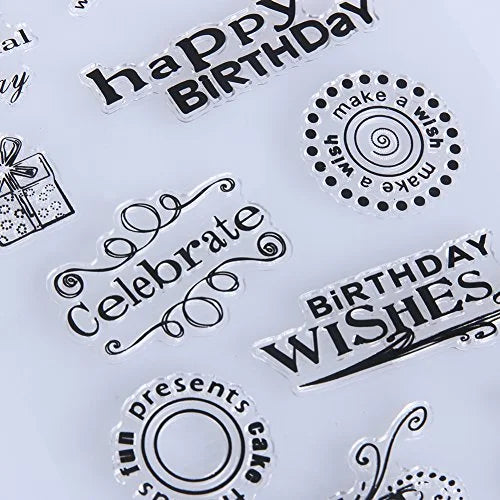 Clear stamps with birthday-themed designs on a white background