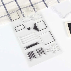 Clear stamp set with various shapes and patterns on a white background