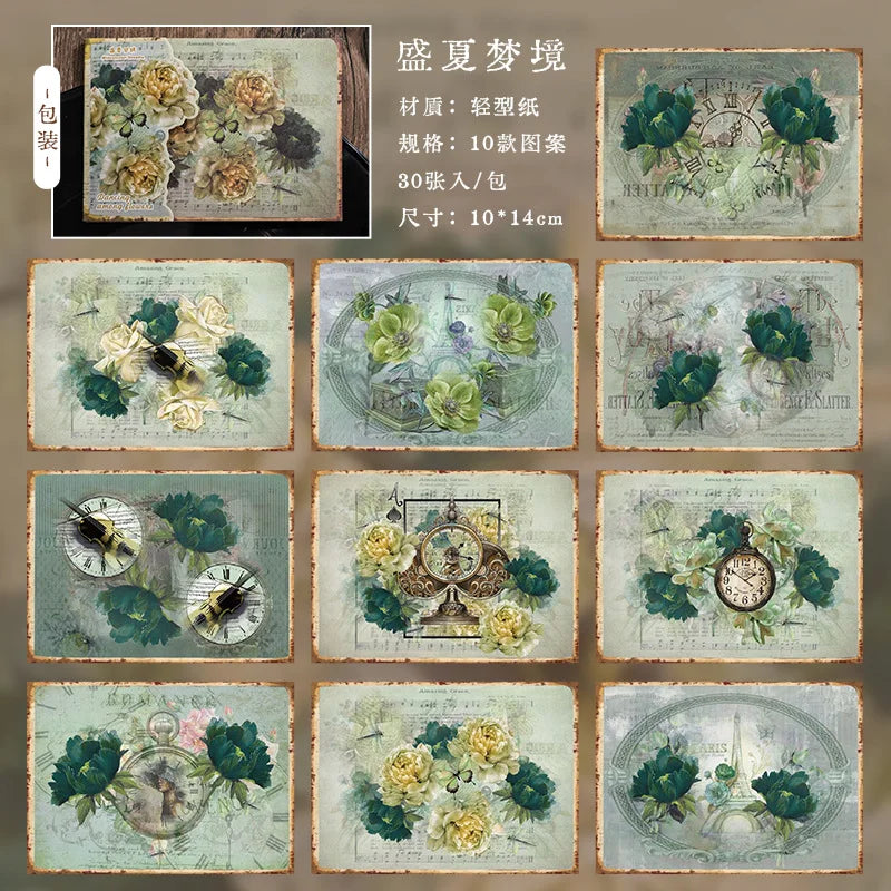 Set of decorative paper sheets with floral and clock designs on a textured background.