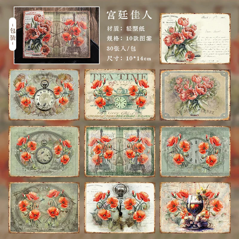 Collection of vintage-style cards with floral and clock designs on a brown background.