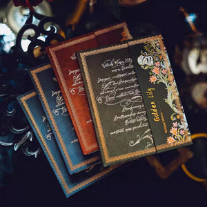 Three ornate greeting cards with decorative text and floral designs on a dark background.