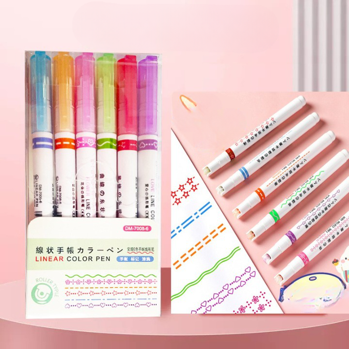 A set of 6 colorful marker pens with chisel tips, displayed alongside a piece of paper with decorative star, heart, and dot patterns.